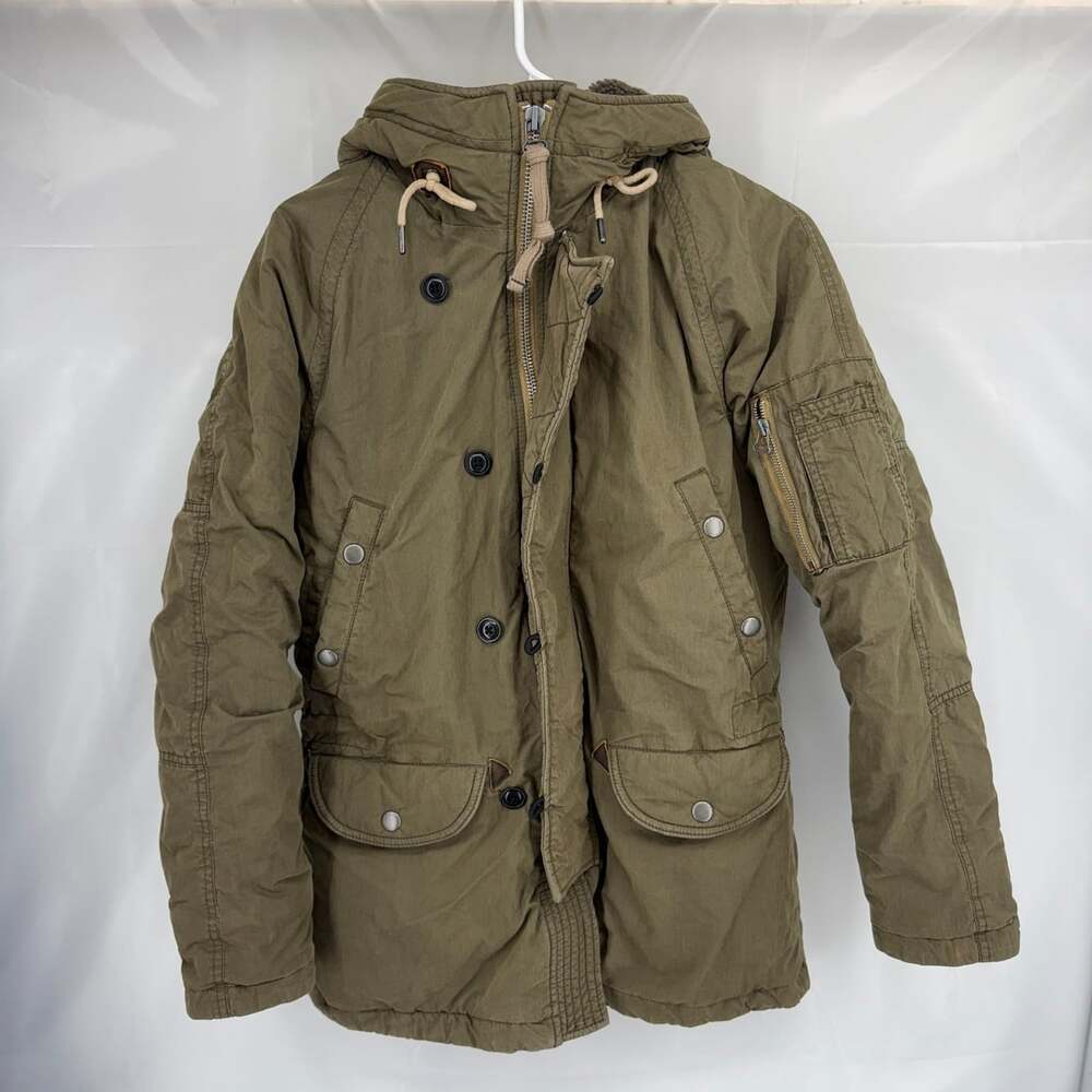 Abercrombie & Fitch Men XS Parka Jacket Military Army Green Y2K Style Fur Hood